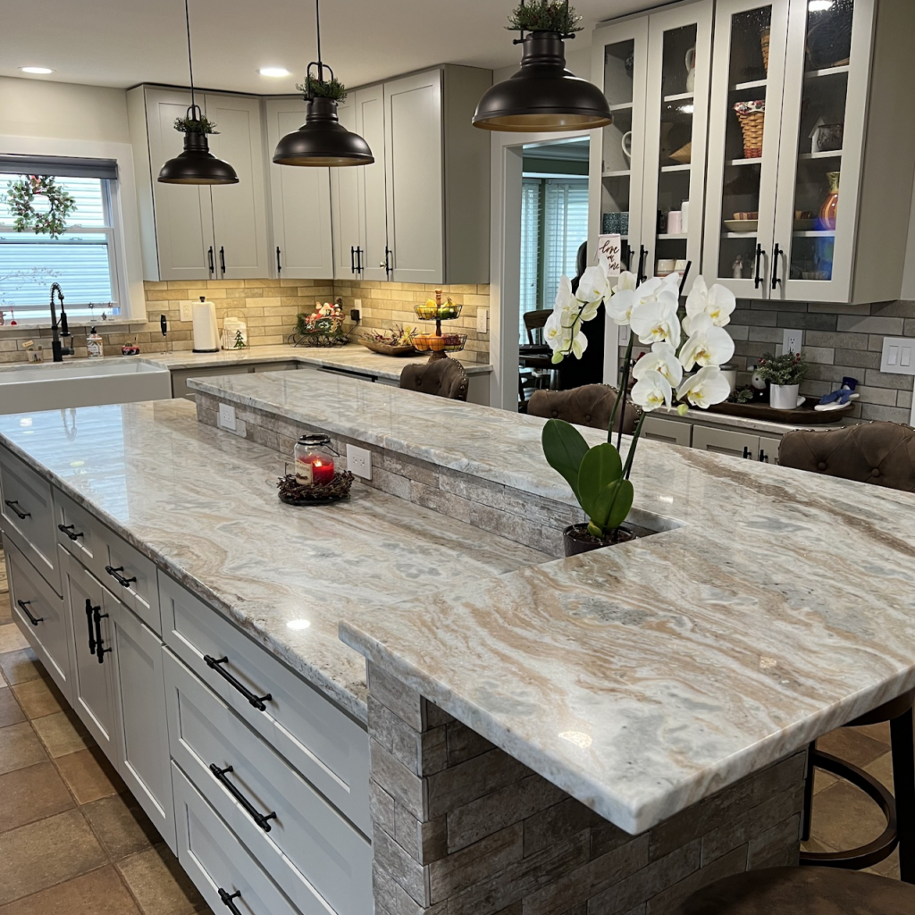 Custom kitchen renovation with new cabinets, quartz countertops, and modern lighting by Sparkk Construction