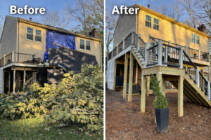 Before and after storm damage restoration showing roof and structural repairs after fallen tree impact