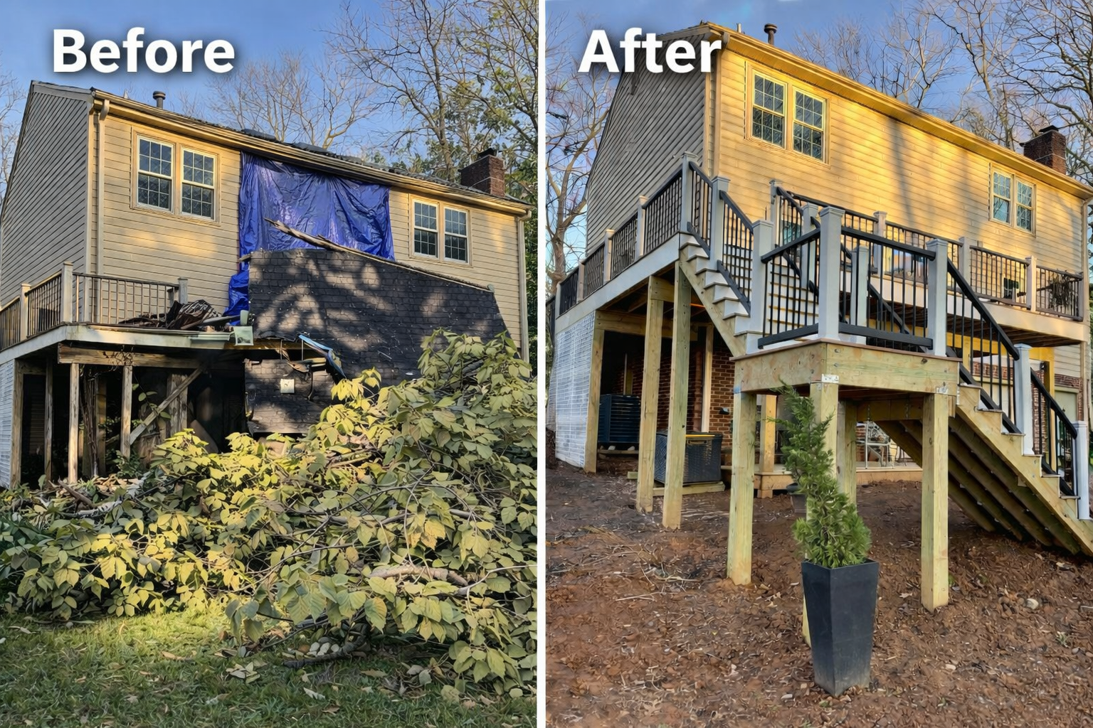 Before and after storm damage restoration showing roof and structural repairs after fallen tree impact